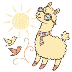 Fototapeta premium Delightful Peaceful Alpaca in a Morning sunshine scene with wearing glasses – Sunny Mornings vector illustration