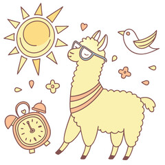 Fototapeta premium SVG art: A Gentle Alpaca in a Morning sunshine vibe with wearing glasses, tinted with Sunny Mornings tones