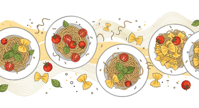 Seamless border pattern featuring several plates of delicious spaghetti pasta with fresh tomatoes and green basil leaves.