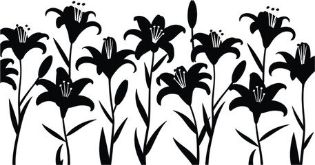 Elegant lily flower silhouette vector border featuring black floral blossoms and stems for wedding invitations, greeting cards, organic beauty branding, and spring garden decorative nature patterns. © Romana