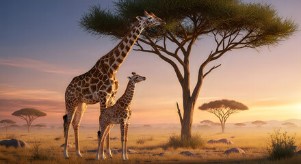 Obraz premium A giraffe and a baby giraffe standing in a savannah
