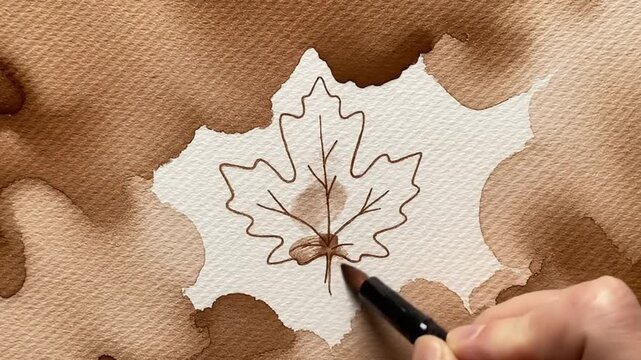 Drawing a single brown maple leaf on white paper with a pen