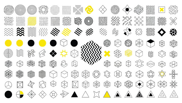 Set of 100 geometric shapes in Memphis style, featuring retro elements for web, vintage ads, banners, posters, leaflets, and billboards. Trendy halftone vector collection