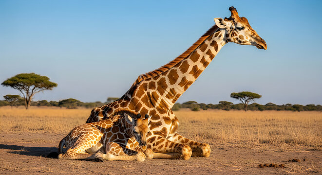 A giraffe and a baby giraffe sitting on the ground