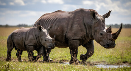 Fototapeta premium A large rhinoceros and a small rhinoceros walking through a grassy field