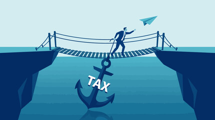 A businessman cautiously traverses a wobbly bridge anchored by a tax symbol, symbolizing financial challenges. This metaphor illustrates the complexities of navigating taxes in business. © Yangyang