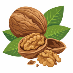 An artistic depiction of walnuts in their shells alongside fresh green leaves emphasizes culinary delights and the health benefits of this nutritious nut, enhancing dietary choices.
