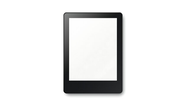 A contemporary black e-reader with a crisp blank screen is centered on a minimalist white background.
