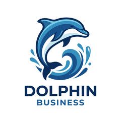 Naklejka premium A vibrant logo representing 'Dolphin Business', showcasing a dolphin leaping through waves, embodying energy, positivity, and dynamic business practices.