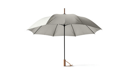 Fototapeta premium A sleek grey umbrella with a wooden handle stands fully open and upright on a clean white background.