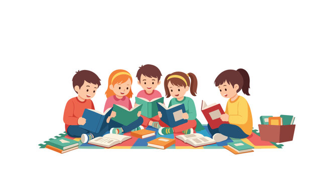Five diverse young children are happily sitting on a colorful mat, deeply engrossed in reading various books, surrounded by a stack of books and a wooden crate.