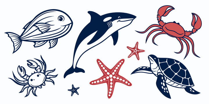 a collection of sea creatures including a fish dolphin crab turtle starfish and shrimp Vector