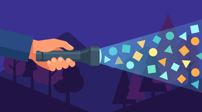 This imaginative image illustrates a hand holding a flashlight that projects colorful geometric shapes, symbolizing creativity and innovation in a captivating visual display.