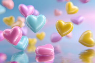 Fototapeta premium Vibrant dopamine-style Valentine’s Day candy hearts floating in glossy pastel tones.