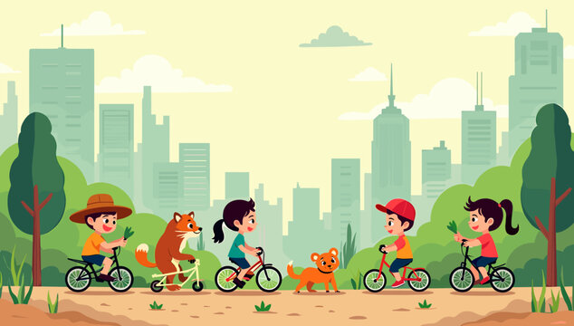 A cheerful illustration of a young boy riding a bicycle and proudly holding a fresh carrot, ideal for representing healthy living, farming, or childre