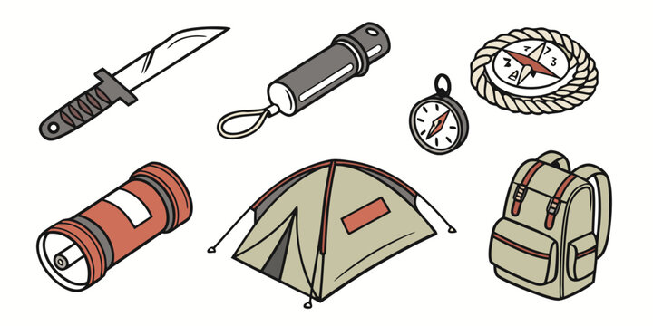 camping gear and accessories for outdoor adventure Vector