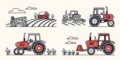 a set of red tractors in different positions and activities Vector © Aaaa