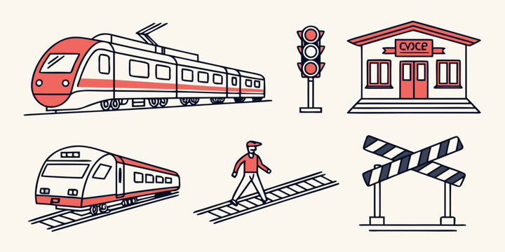 a set of train related icons including a train and a railway station Vector