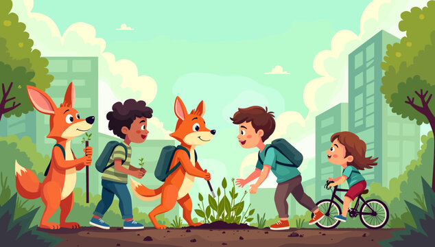 A cheerful illustration of a fox enjoying a hike through a lush forest. Perfect for content related to nature, outdoor adventures, and children's stor