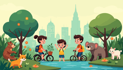 Naklejka premium This cheerful illustration depicts a bear and a fox playfully interacting in a vibrant forest, perfect for children's books, educational materials, or