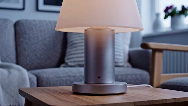 Close-up of a person's hand pressing a button to turn off a modern table lamp on a wooden side table. The lamp dims slowly, creating a cozy and smart home atmosphere in a contemporary interior.