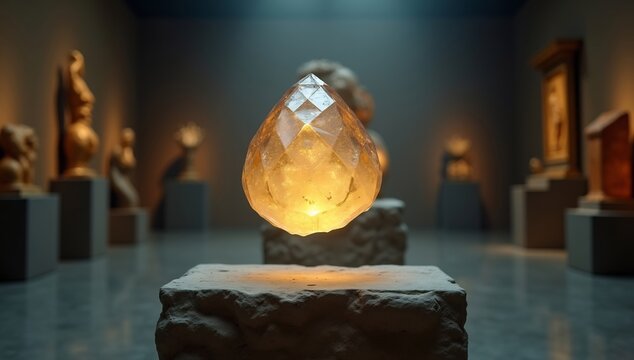Mysterious glowing crystal artifact on display in ancient museum hall.