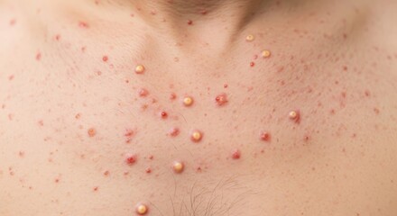 Fototapeta premium A close-up view showing severe acne breakouts and inflamed pustules on a person's upper chest area