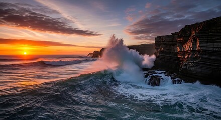 Fototapeta premium Powerful ocean wave crashes violently against dark, stratified coastal cliffs during a dramatic orange sunset over the water.