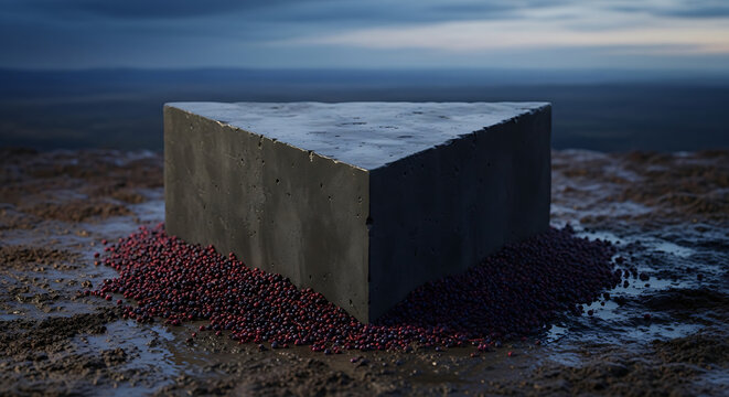 Concrete block on red objects in muddy field landscape