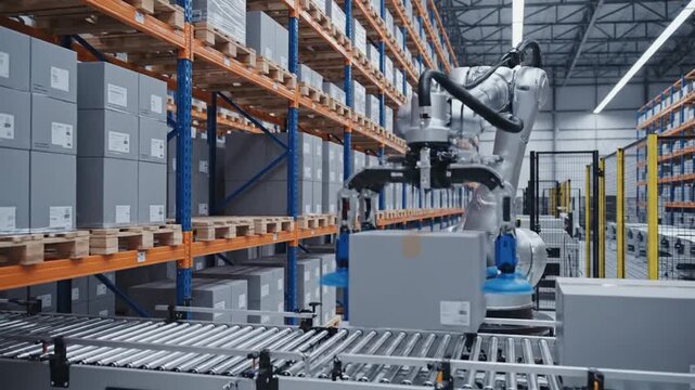 Industrial robots assembling packages on shelving unit in warehouse with storage boxes