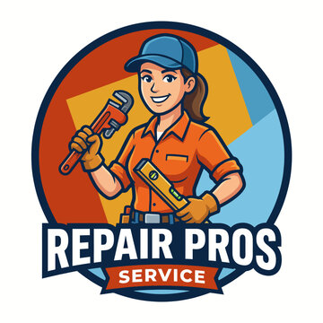 A vibrant logo illustration featuring a skilled female technician holding tools, symbolizing reliability and expertise in repair services, ideal for branding service-oriented businesses.