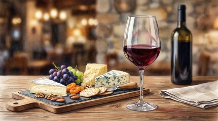 Naklejka premium Elegant Red Wine Glass and Bottle with Gourmet Cheese Board on Rustic Wooden Table in a Cozy Restaurant Setting