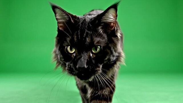 Majestic black Maine Coon cat walking towards the camera on a solid green screen background for chroma key compositing.