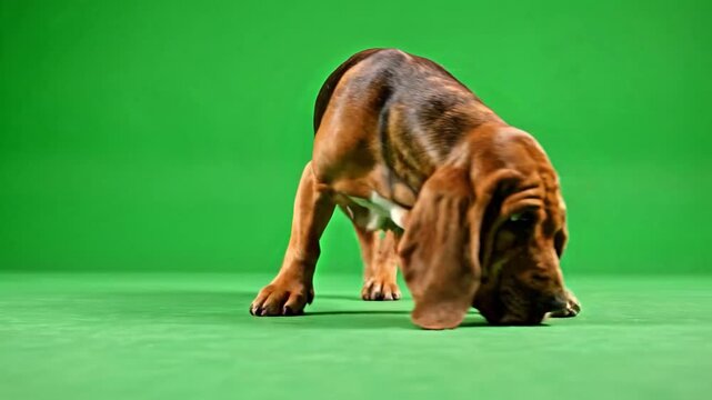 A professional studio shot of a brown Bloodhound dog sniffing the ground intensely against a green screen background for easy keying and compositing in video projects.
