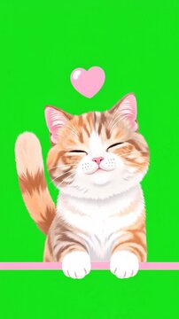 A cute animated calico kitten with a pink heart floating above its head on a green screen background for easy chroma key compositing in vertical social media videos.