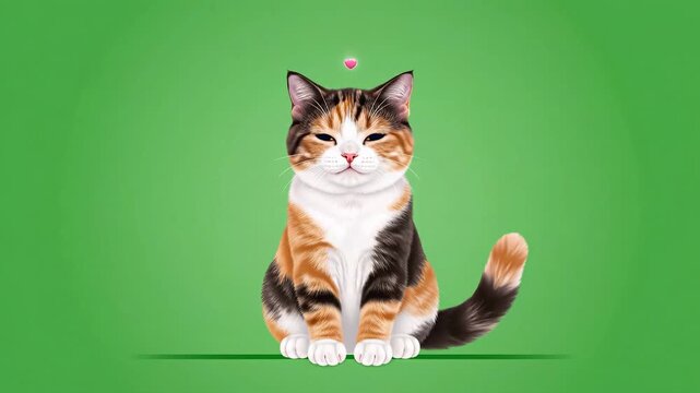 Adorable hand-drawn calico cat sitting on a green background with a pink heart floating above its head as a symbol of love and affection.