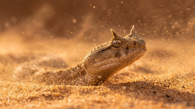 A resilient horned viper powerfully emerges from the golden desert sand, kicking up a dramatic cloud of dust, showcasing its incredible camouflage and adaptation to the harsh arid environment