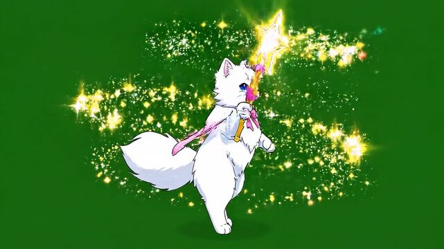 A cute white anime cat wearing a pink bow and cape stands on its hind legs while waving a magical star wand that creates sparkling golden light trails on a green screen background.