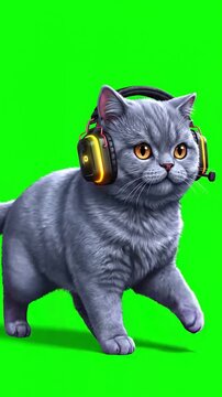 A cute grey fluffy British shorthair cat walking while wearing modern neon RGB gaming headphones with a microphone against a vibrant green screen background.