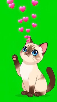 Cute cartoon Siamese kitten waving its paw with pink hearts floating above its head on a vertical green screen background.