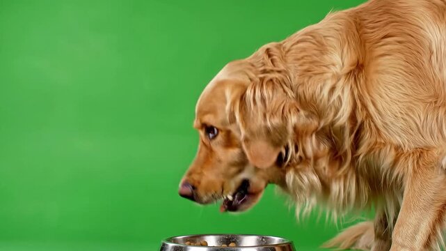 A golden retriever dog eats its meal from a stainless steel bowl in front of a green screen background for chroma keying in commercial productions.