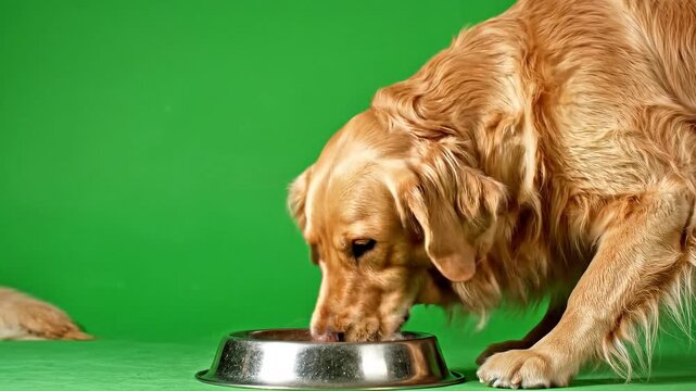 A side view of a purebred Golden Retriever dog eating food from a stainless steel bowl against a solid green screen background for easy chroma keying.