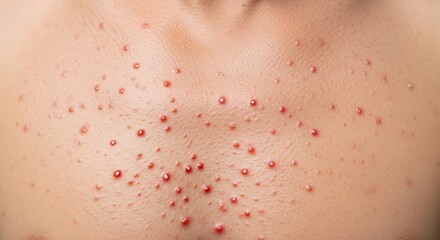 Fototapeta premium A close up view of a person chest area showing significant skin irritation with multiple red pimples