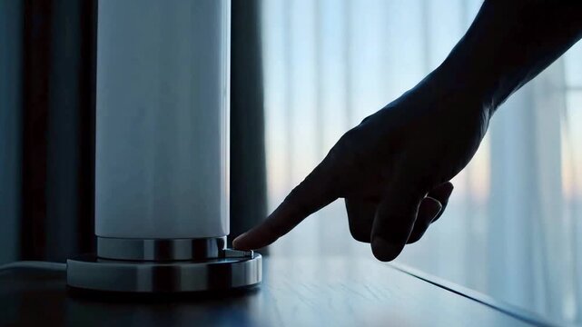 A close-up shot of a dark-skinned hand pressing the button to turn off a modern cylindrical table lamp on a wooden nightstand. The scene is set in a bright room with a window in the background