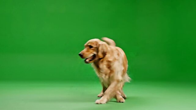 A happy golden retriever dog walking steadily forward on a bright green screen background for easy video compositing and visual effects.