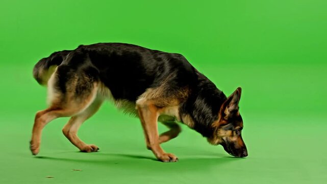 Smart German Shepherd dog sniffing and tracking a scent on a bright green screen background for professional video production and chroma key editing.