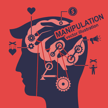 This striking illustration represents manipulation through visual metaphors like gears and handles, showcasing the complex interplay of emotions and control in human psychology.
