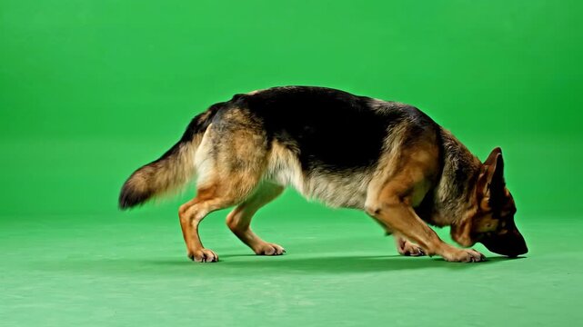 A loyal German Shepherd dog sniffing the ground attentively while walking across a green screen studio background for chroma key compositing.