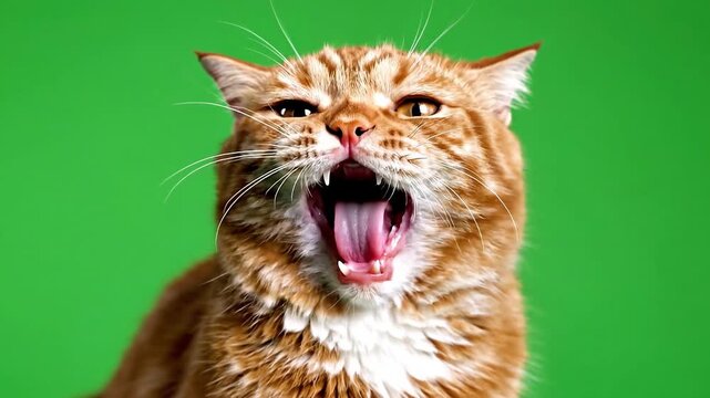Close-up portrait of a surprised ginger tabby cat with its mouth wide open meowing loudly against a bright green screen background for chroma key compositing.