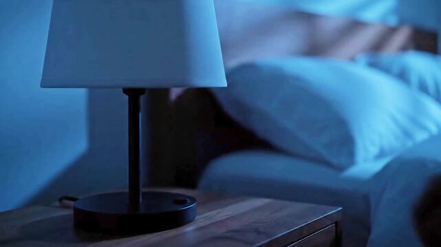 Close-up of a person's hand turning off a bedside lamp on a nightstand in a bedroom before going to sleep. The room becomes dark and tranquil, signifying bedtime and rest.